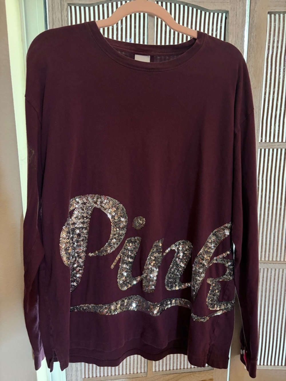 Pink Victoria secret long sleeve Campus Tee silver sequin logo in black Orchid L